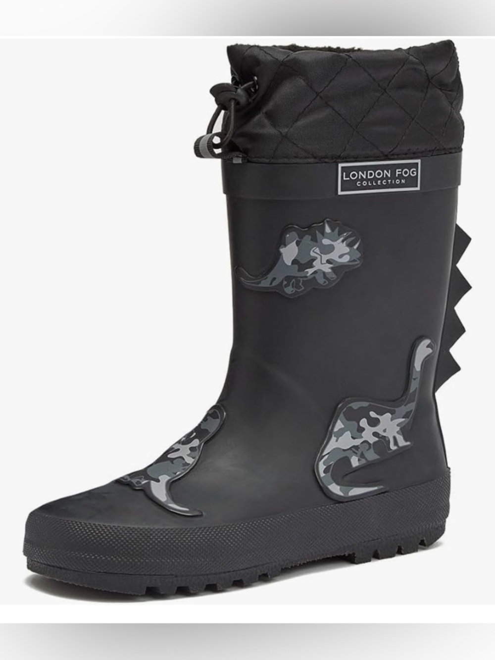 London Fog Black Quilted Cuff Kids' Dino Rain Boot
